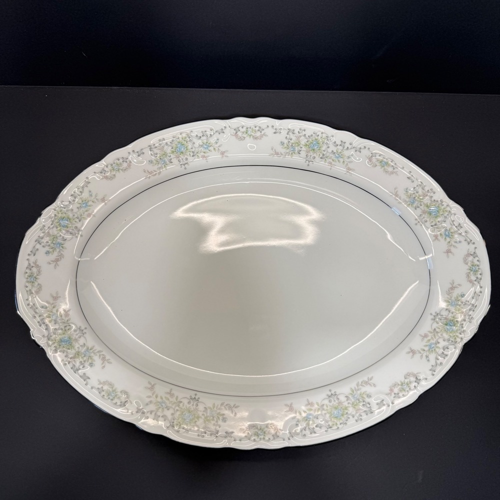 Norleans China Theresa Oval Serving Platter 16 Inch Vintage Floral Silver Trim